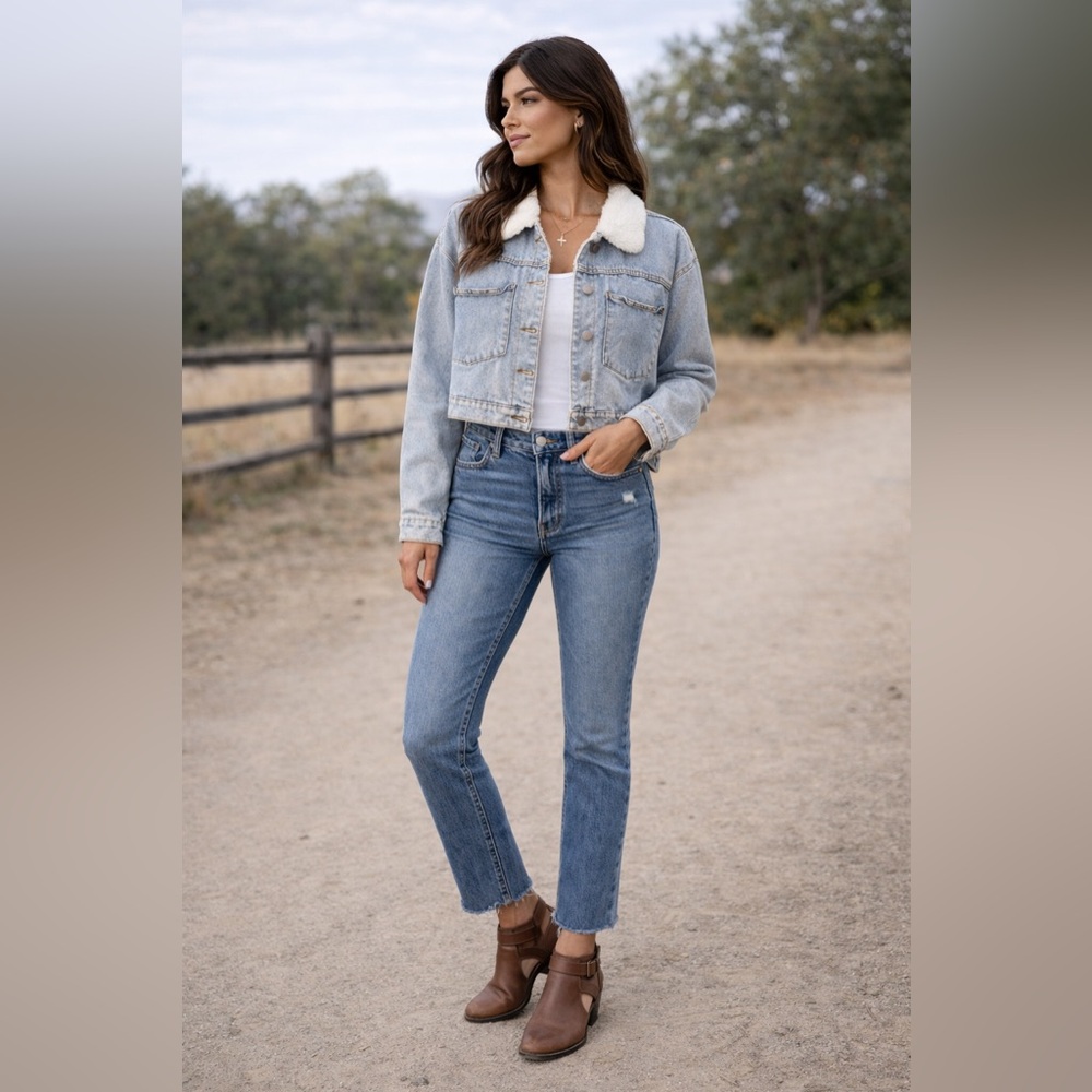 Women's Cropped Denim Jacket with White Collar